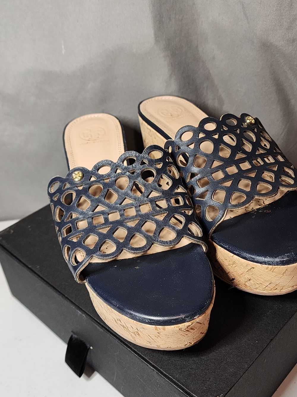Tory Burch Navy Laser-Cut Cork Platform Slide Sandals